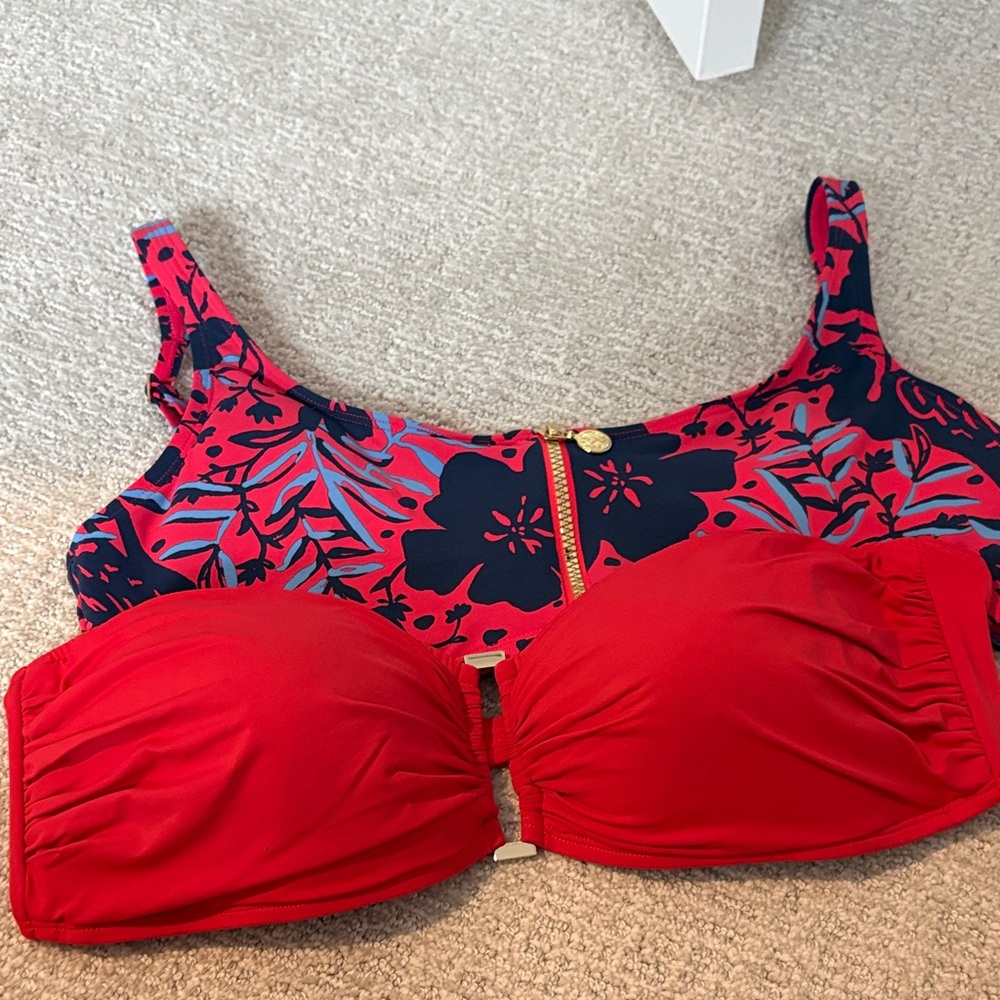 Lilly Pulitzer Bright Red Bandeau Bikini Top and 2nd top withFloral Trim size 14